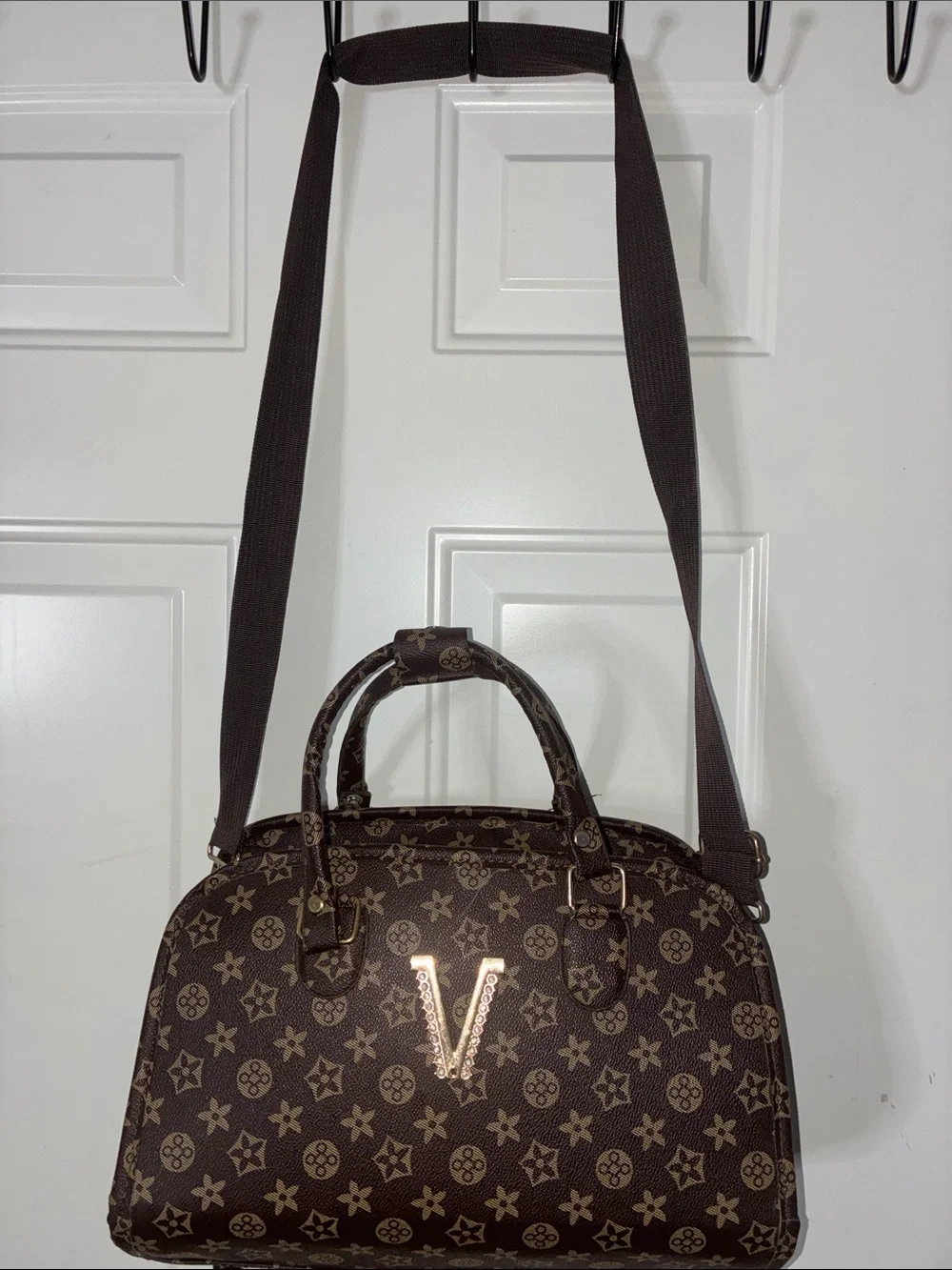 Brown Monogram Satchel Handbag with V Accent